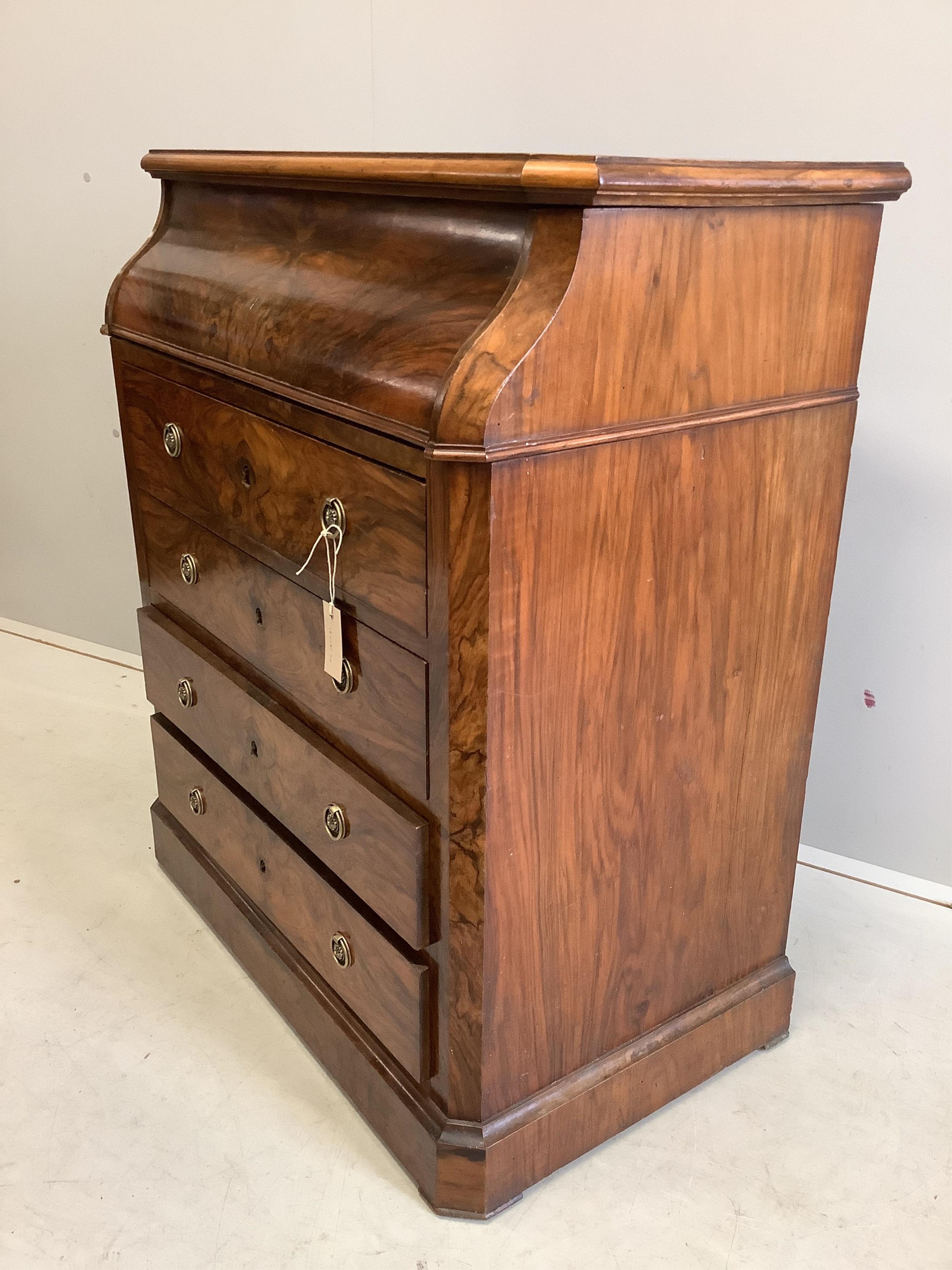 A 19th century French figured walnut enclosed washstand, width 80cm, depth 44cm, height 95cm. Condition - poor to fair